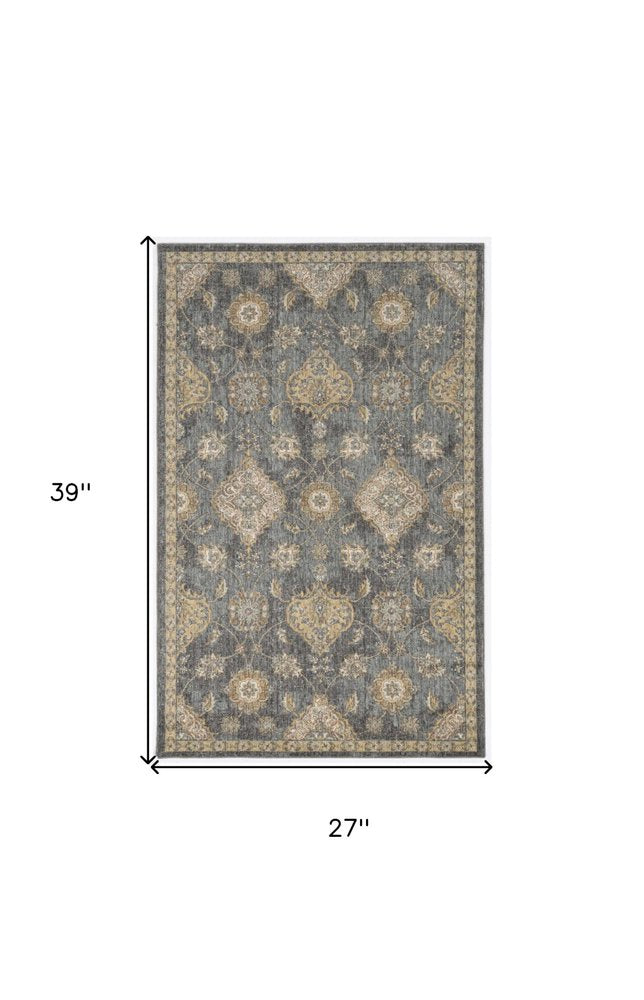 2' X 3' Sage And Slate Gray Wool Floral Medallion Area Rug