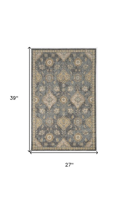 2' X 3' Sage And Slate Gray Wool Floral Medallion Area Rug
