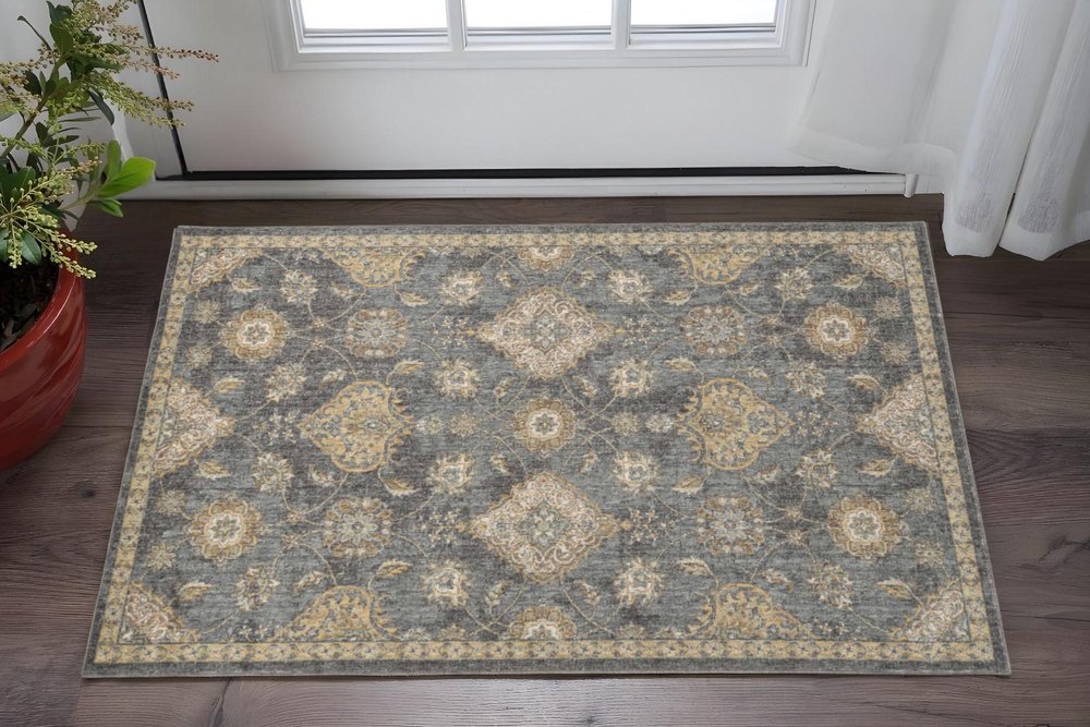 2' X 3' Sage And Slate Gray Wool Floral Medallion Area Rug
