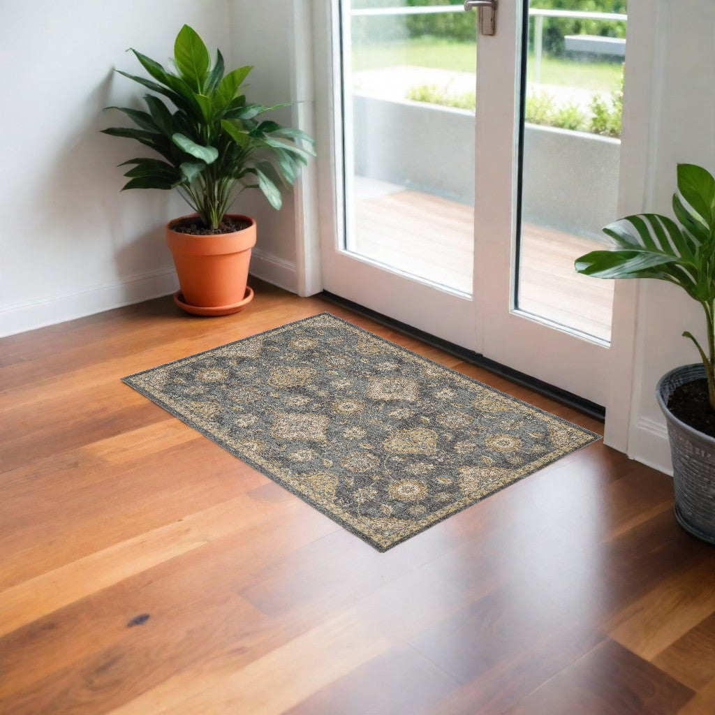 3' X 5' Slate Gray Wool Floral Vines Area Rug