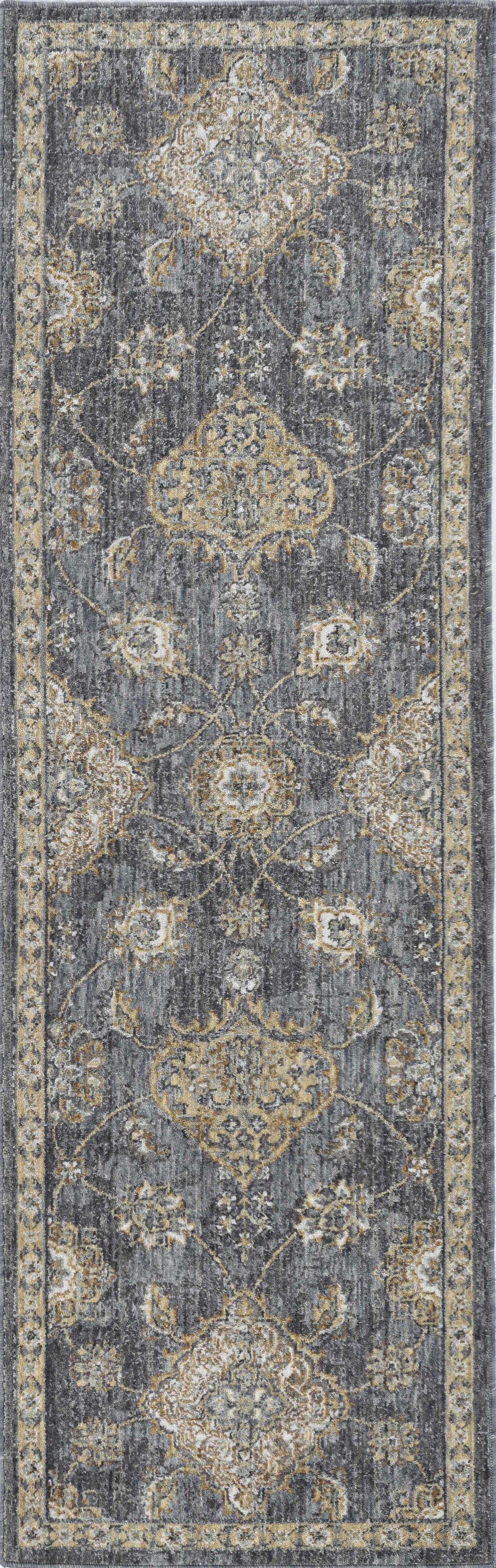 9' Slate Grey Machine Woven Bordered Floral Vines Round Indoor Area Rug