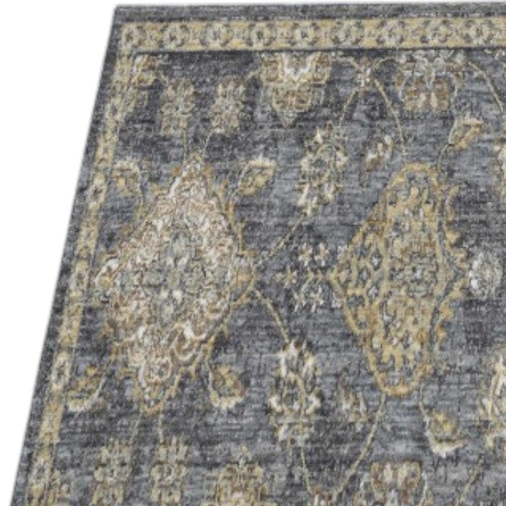 8' X 11' Slate Grey Machine Woven Bordered Floral Vines Indoor Area Rug