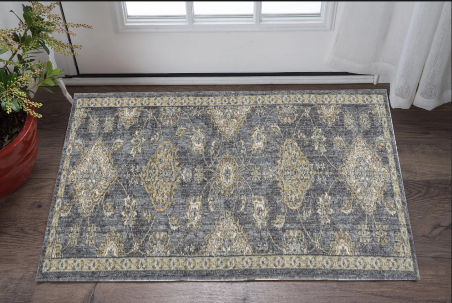 8' X 11' Slate Grey Machine Woven Bordered Floral Vines Indoor Area Rug