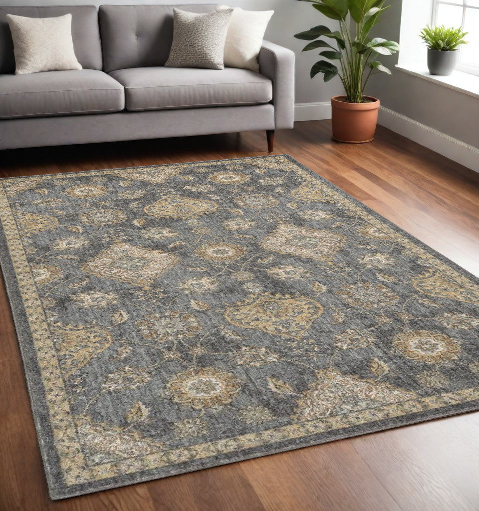 9' Slate Grey Machine Woven Bordered Floral Vines Round Indoor Area Rug