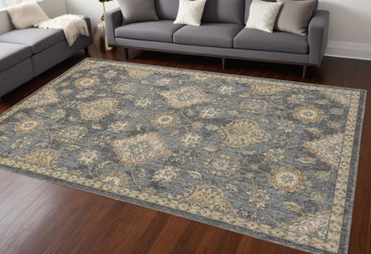 8' X 11' Sage And Slate Gray Wool Floral Medallion Distressed Area Rug