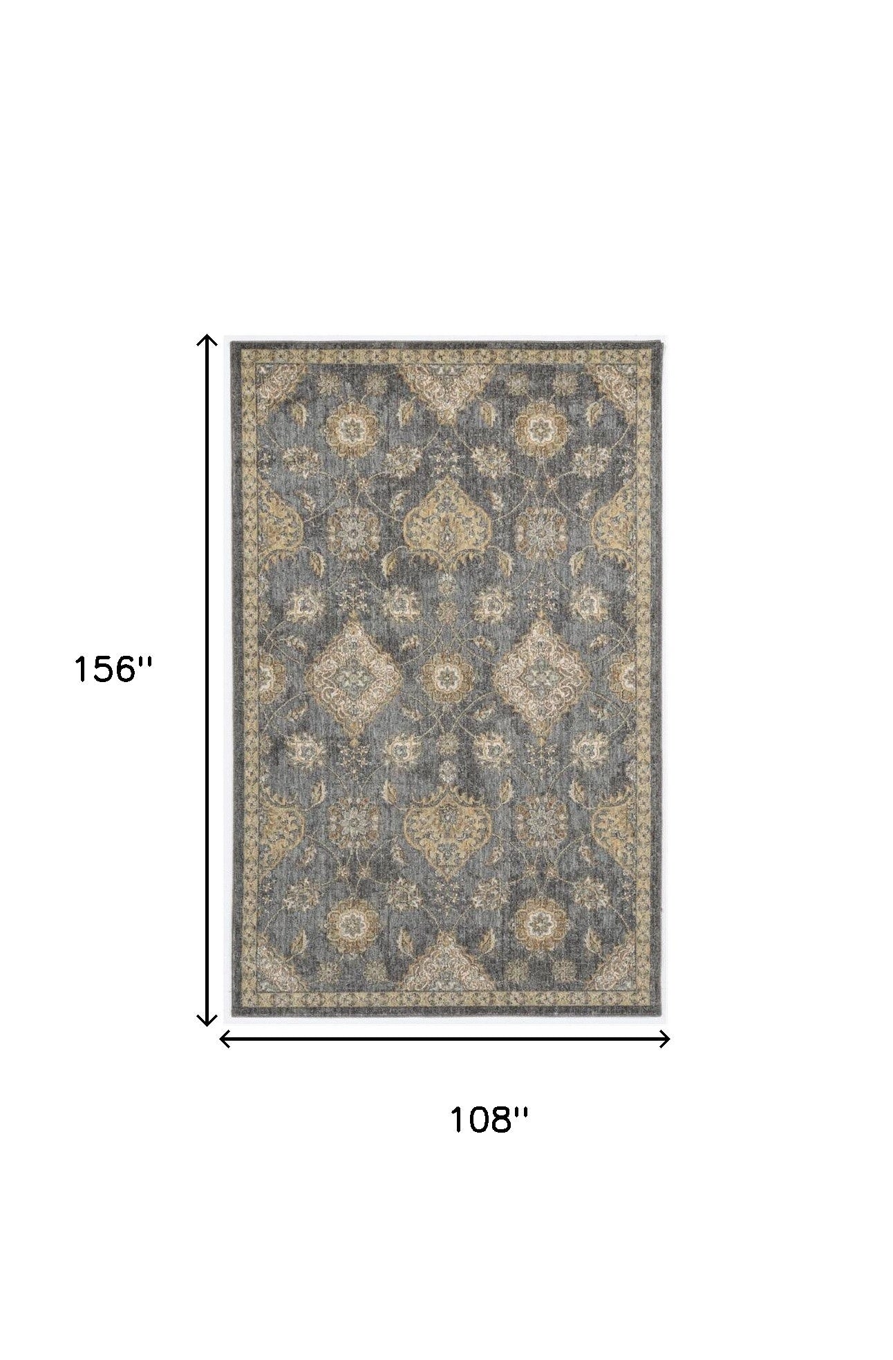 8' X 11' Slate Grey Machine Woven Bordered Floral Vines Indoor Area Rug