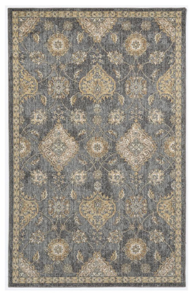 8' X 11' Slate Grey Machine Woven Bordered Floral Vines Indoor Area Rug