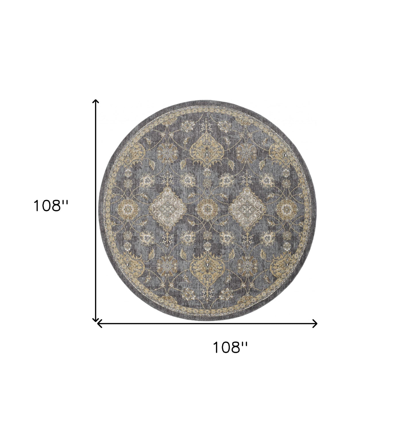 9' Slate Grey Machine Woven Bordered Floral Vines Round Indoor Area Rug