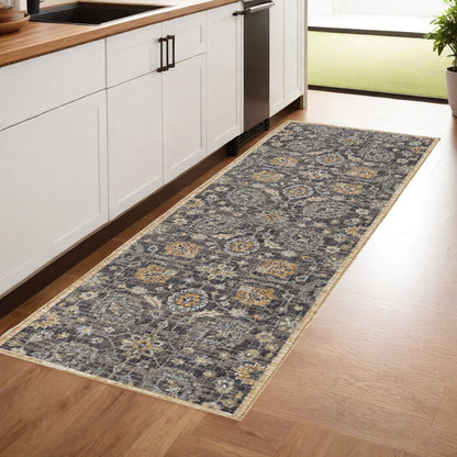 8' Taupe Orange And Gray Wool Floral Distressed Runner Rug