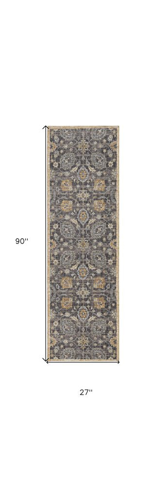 8' Taupe Orange And Gray Wool Floral Distressed Runner Rug