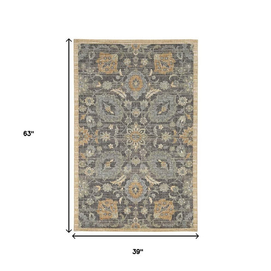 3' X 5' Taupe Orange And Gray Wool Floral Distressed Area Rug
