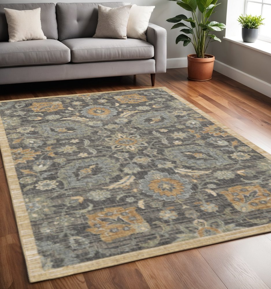8' Taupe Orange And Gray Wool Floral Distressed Runner Rug