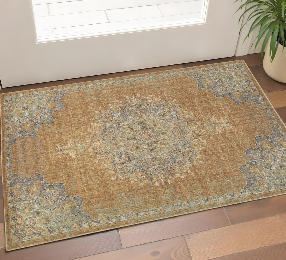 2' X 3' Brown And Gray Wool Medallion Area Rug