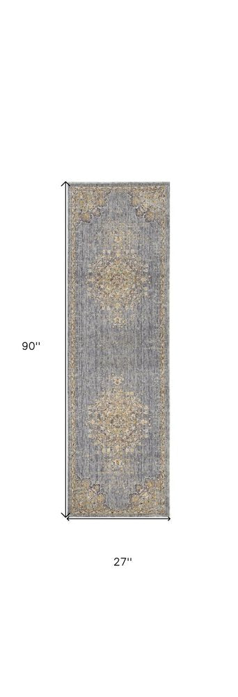 8' Slate Gray And Orange Wool Medallion Distressed Runner Rug