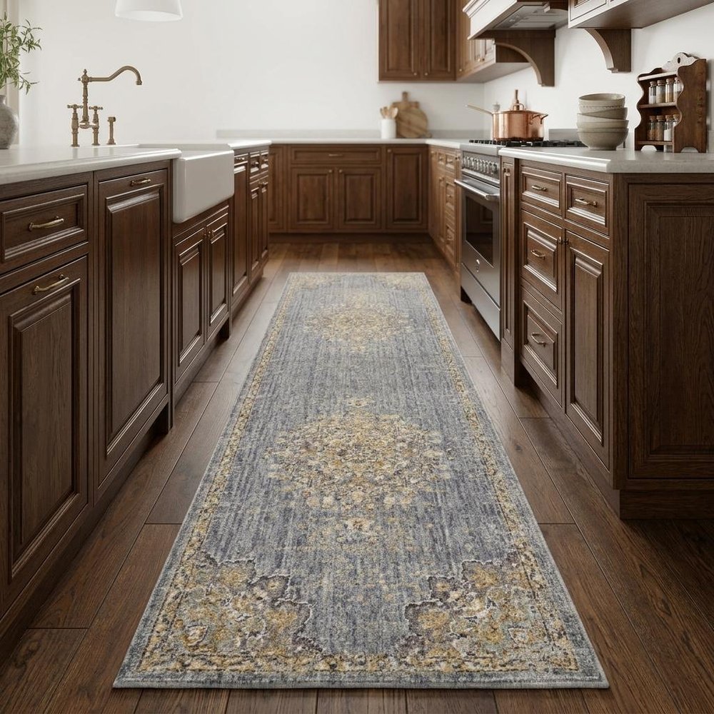 8' Slate Gray And Orange Wool Medallion Distressed Runner Rug