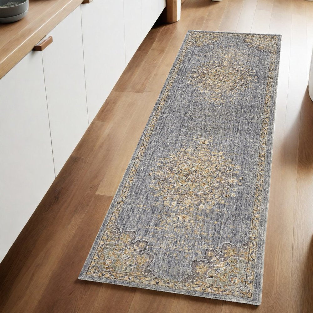 7' X 10' Slate Gray And Orange Wool Medallion Area Rug