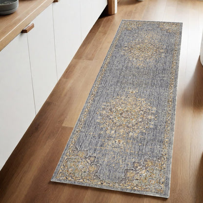 7' X 10' Slate Gray And Orange Wool Medallion Area Rug