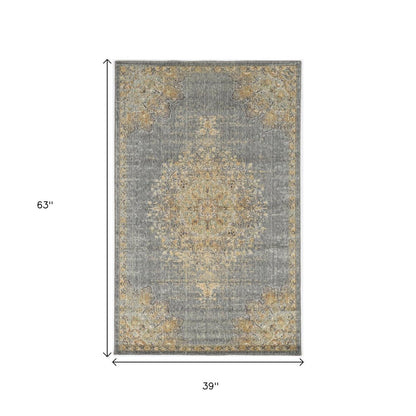 9' X 13' Slate Gray And Orange Wool Medallion Area Rug