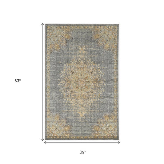 5' X 8' Slate Gray And Orange Wool Medallion Distressed Area Rug