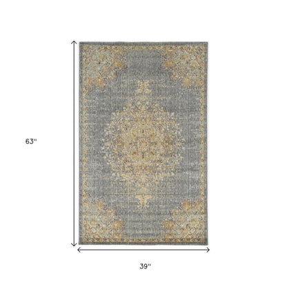 5' X 8' Slate Gray And Orange Wool Medallion Distressed Area Rug