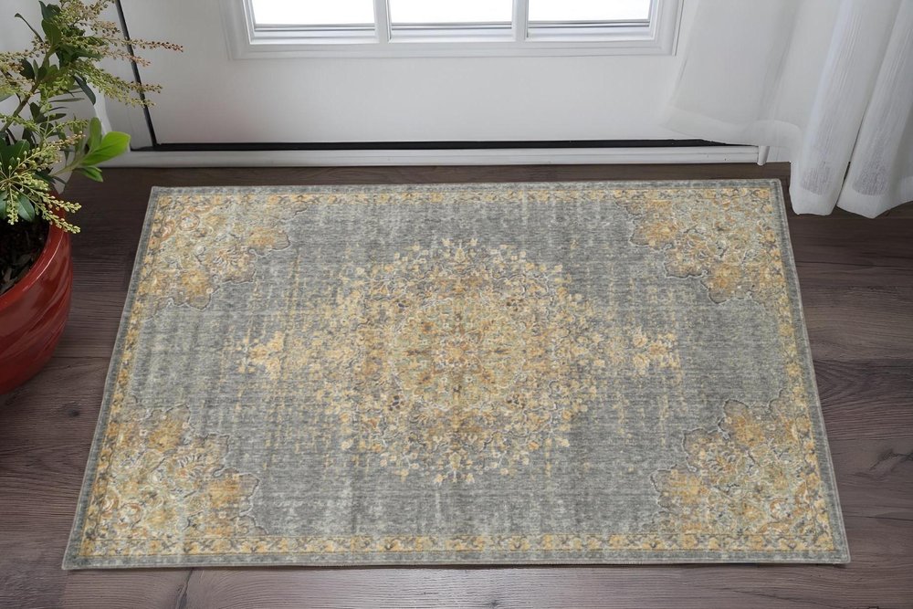 7' X 10' Slate Gray And Orange Wool Medallion Area Rug