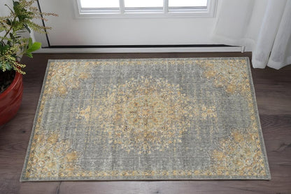 8' Slate Gray And Orange Wool Medallion Distressed Runner Rug
