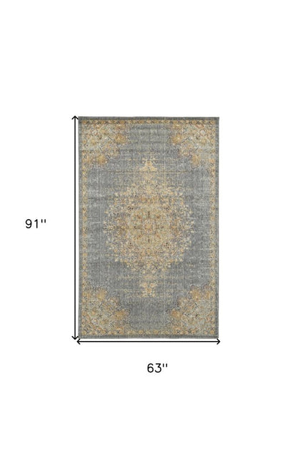 5' X 8' Slate Gray And Orange Wool Medallion Distressed Area Rug