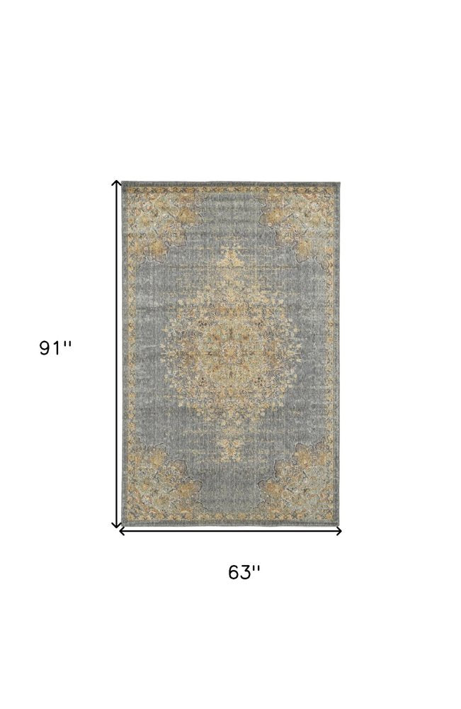 5' X 8' Slate Gray And Orange Wool Medallion Distressed Area Rug