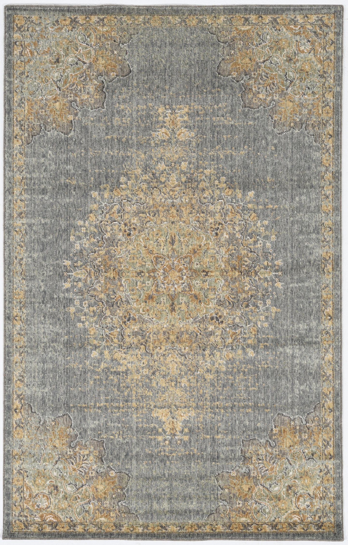 9' X 13' Slate Gray And Orange Wool Medallion Area Rug