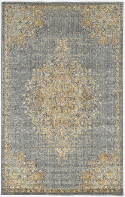 9' X 13' Slate Gray And Orange Wool Medallion Area Rug