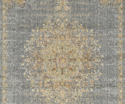 9' X 13' Slate Gray And Orange Wool Medallion Area Rug