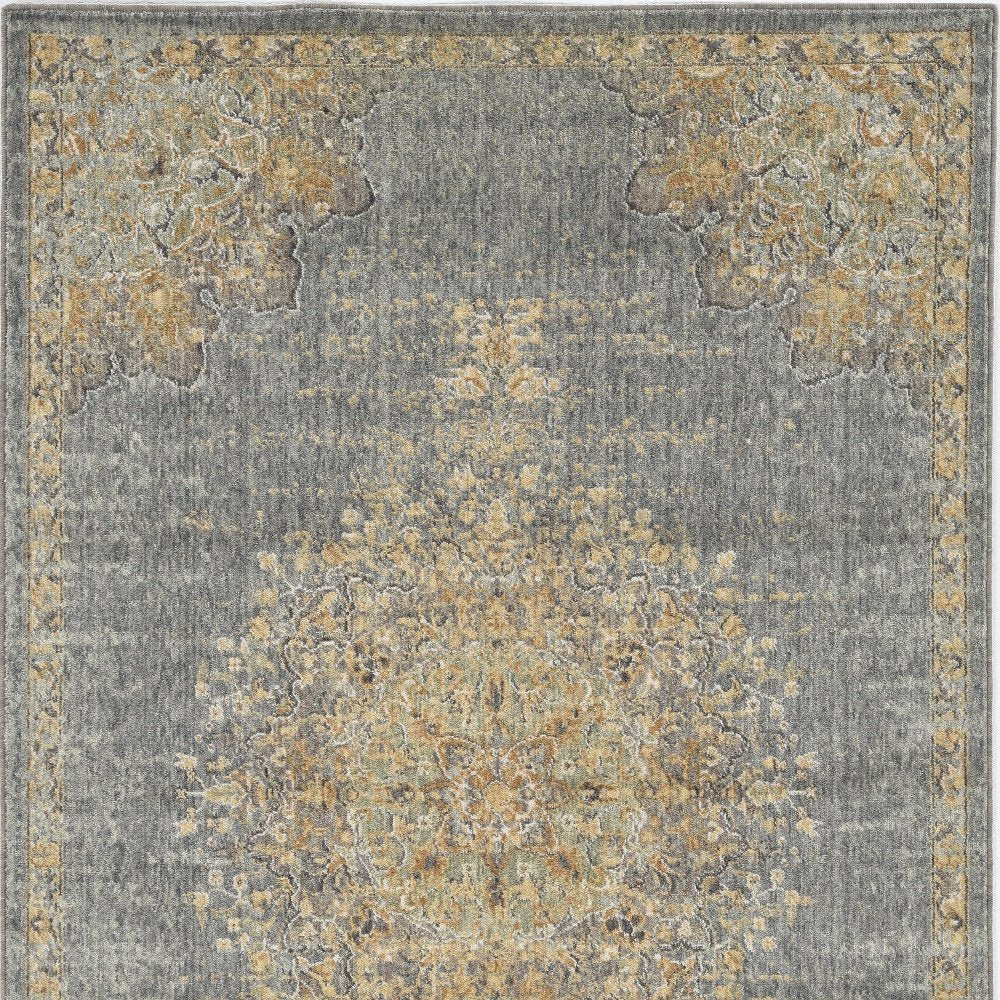 9' X 13' Slate Gray And Orange Wool Medallion Area Rug