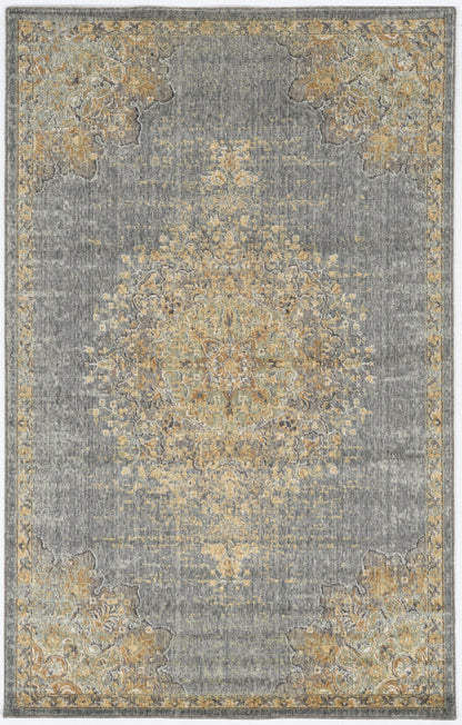 9' X 13' Slate Gray And Orange Wool Medallion Area Rug