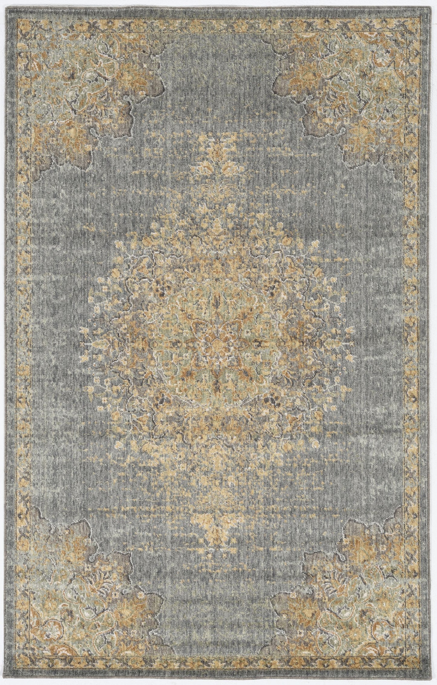 9' X 13' Slate Gray And Orange Wool Medallion Area Rug