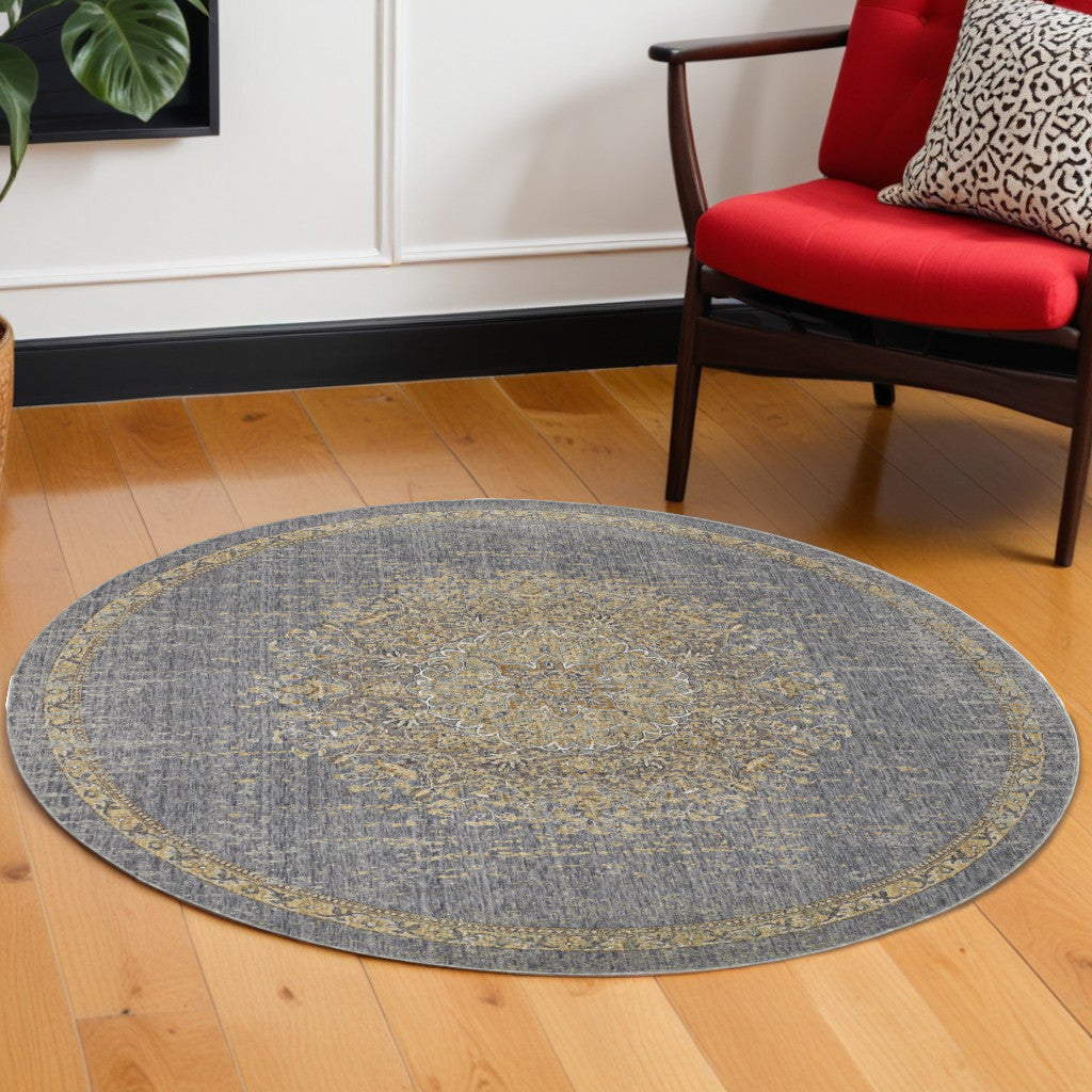 3' X 5' Slate Grey Medallion Bordered Wool Indoor Area Rug