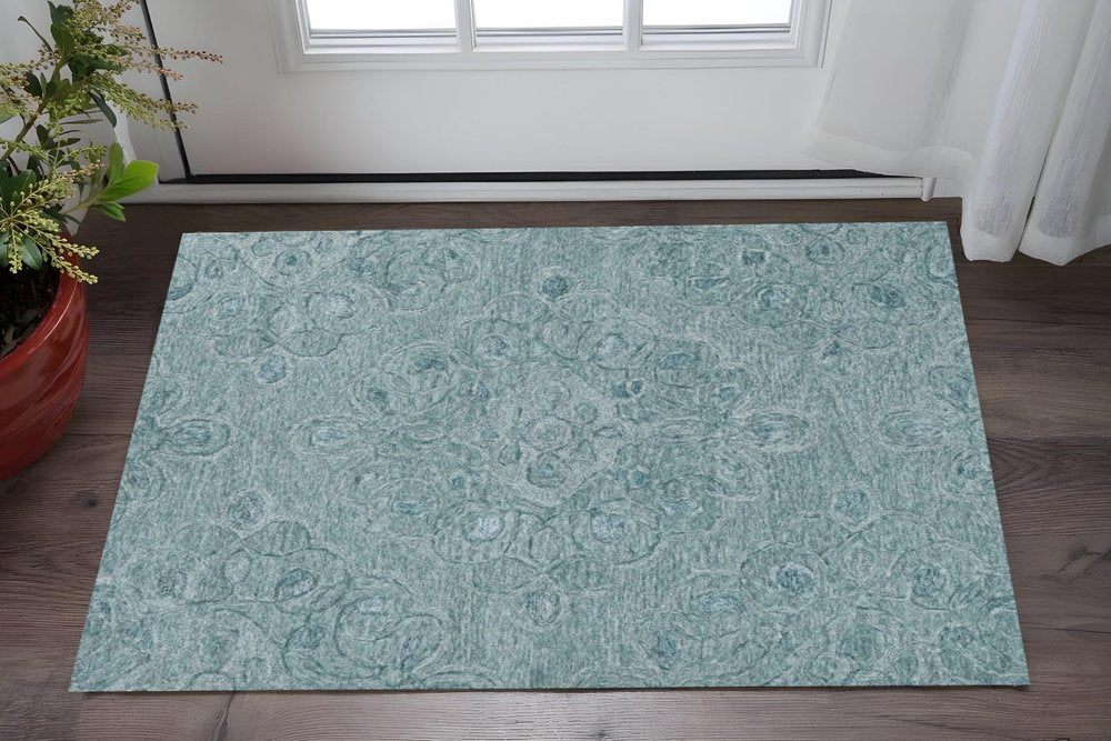 5' X 7' Blue And White Wool Abstract Hand Tufted Area Rug