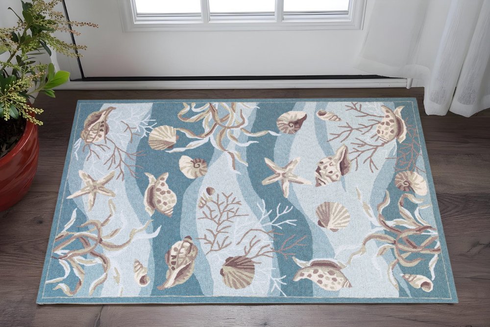 5' X 8' Beige Ivory And Brown Seashell and Coral Hand Hooked Area Rug