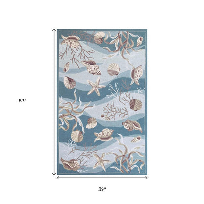 5' X 8' Beige Ivory And Brown Seashell and Coral Hand Hooked Area Rug