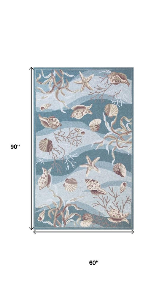 5' X 8' Beige Ivory And Brown Seashell and Coral Hand Hooked Area Rug