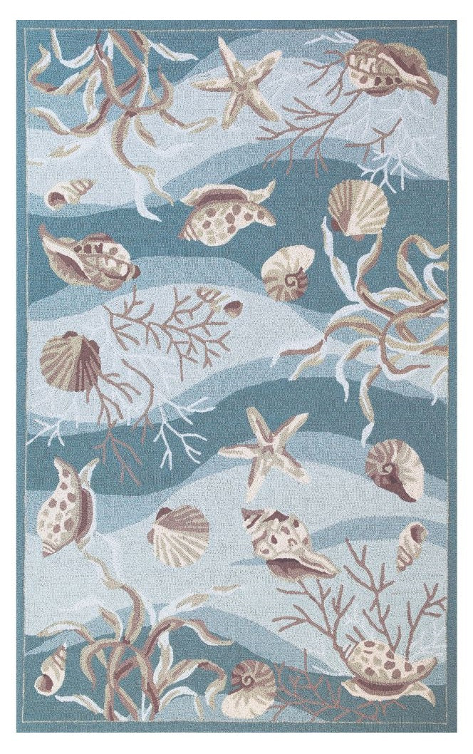 8' Seafoam Green Hand Hooked Sea Shells Indoor Runner Rug