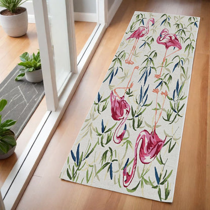 8' X 10' Ivory And Pink Flamingo Hand Hooked Area Rug