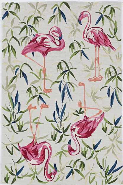 8' X 10' Ivory And Pink Flamingo Hand Hooked Area Rug