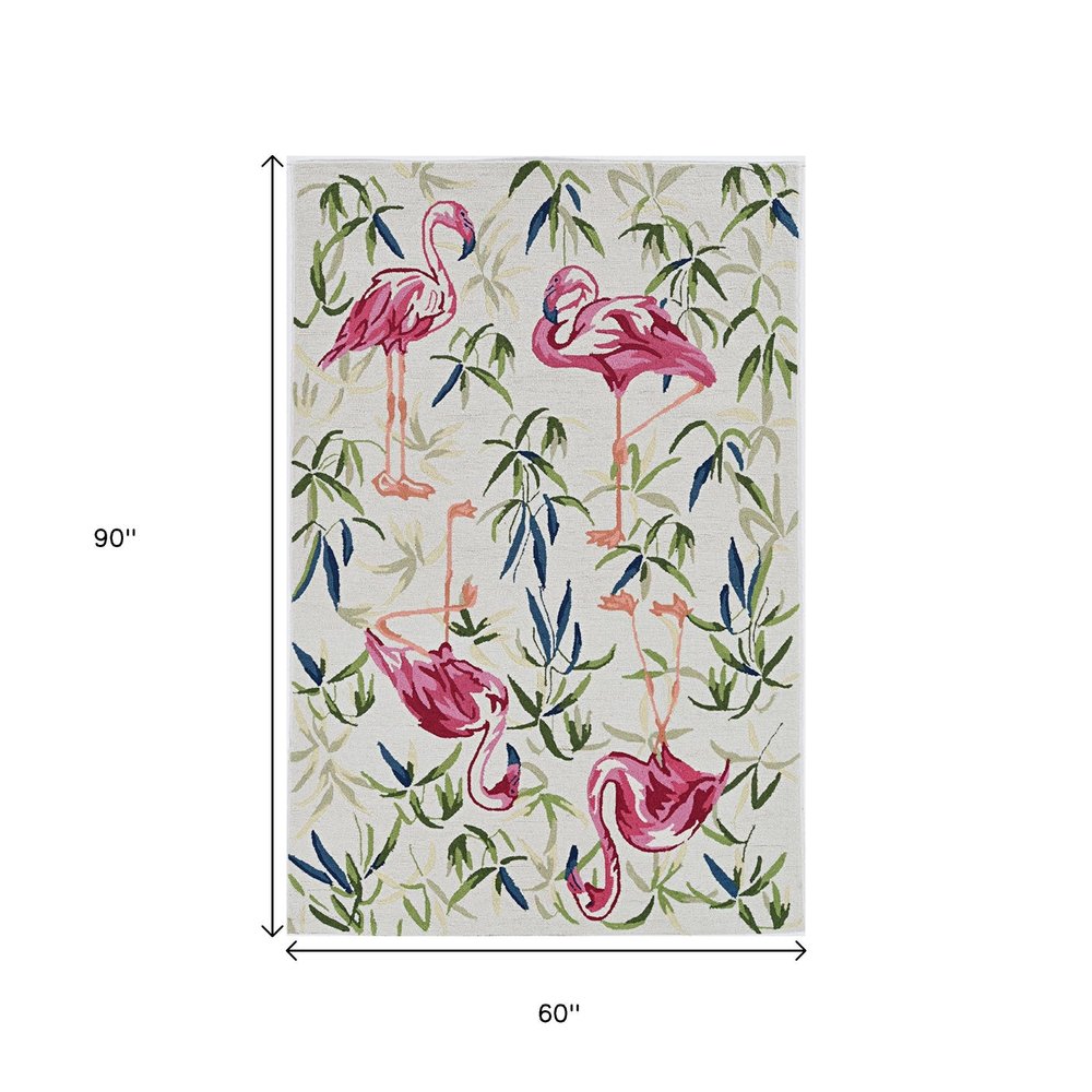 8' X 10' Ivory And Pink Flamingo Hand Hooked Area Rug