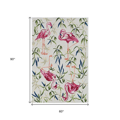 8' X 10' Ivory And Pink Flamingo Hand Hooked Area Rug