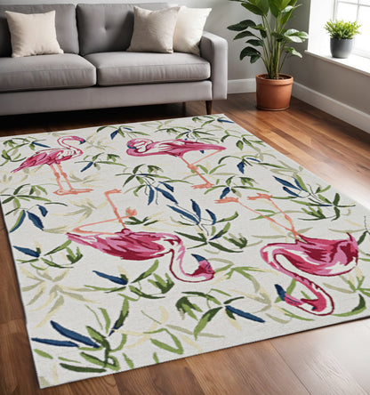 8' X 10' Ivory And Pink Flamingo Hand Hooked Area Rug