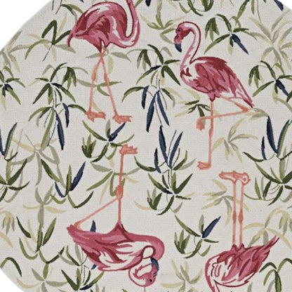 8' X 10' Ivory And Pink Flamingo Hand Hooked Area Rug