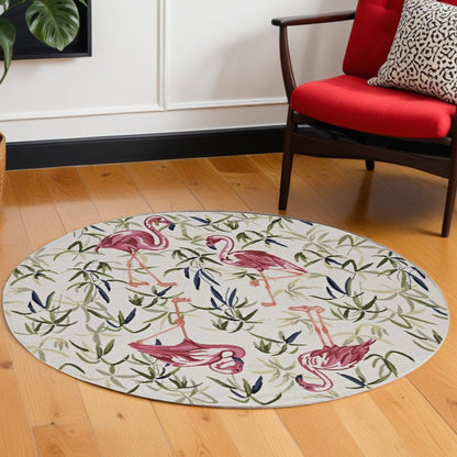 8' X 10' Ivory And Pink Flamingo Hand Hooked Area Rug