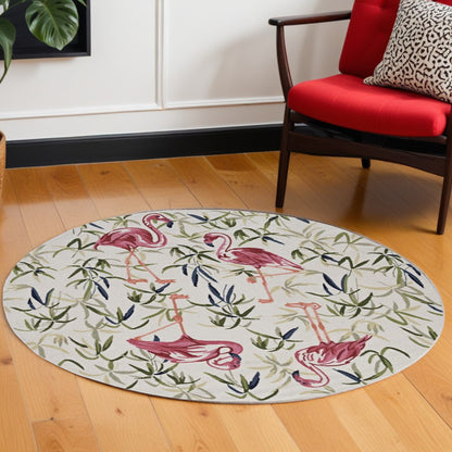 8' X 10' Ivory And Pink Flamingo Hand Hooked Area Rug