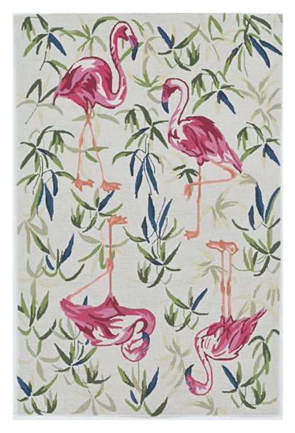 8' X 10' Ivory And Pink Flamingo Hand Hooked Area Rug