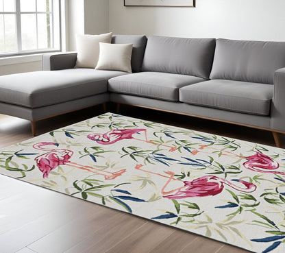8' X 10' Ivory And Pink Flamingo Hand Hooked Area Rug